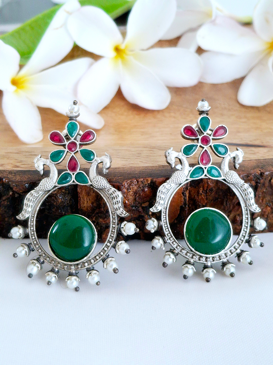 Traditional Oxidised Peacock Big Stone Silver Look Alike Earring