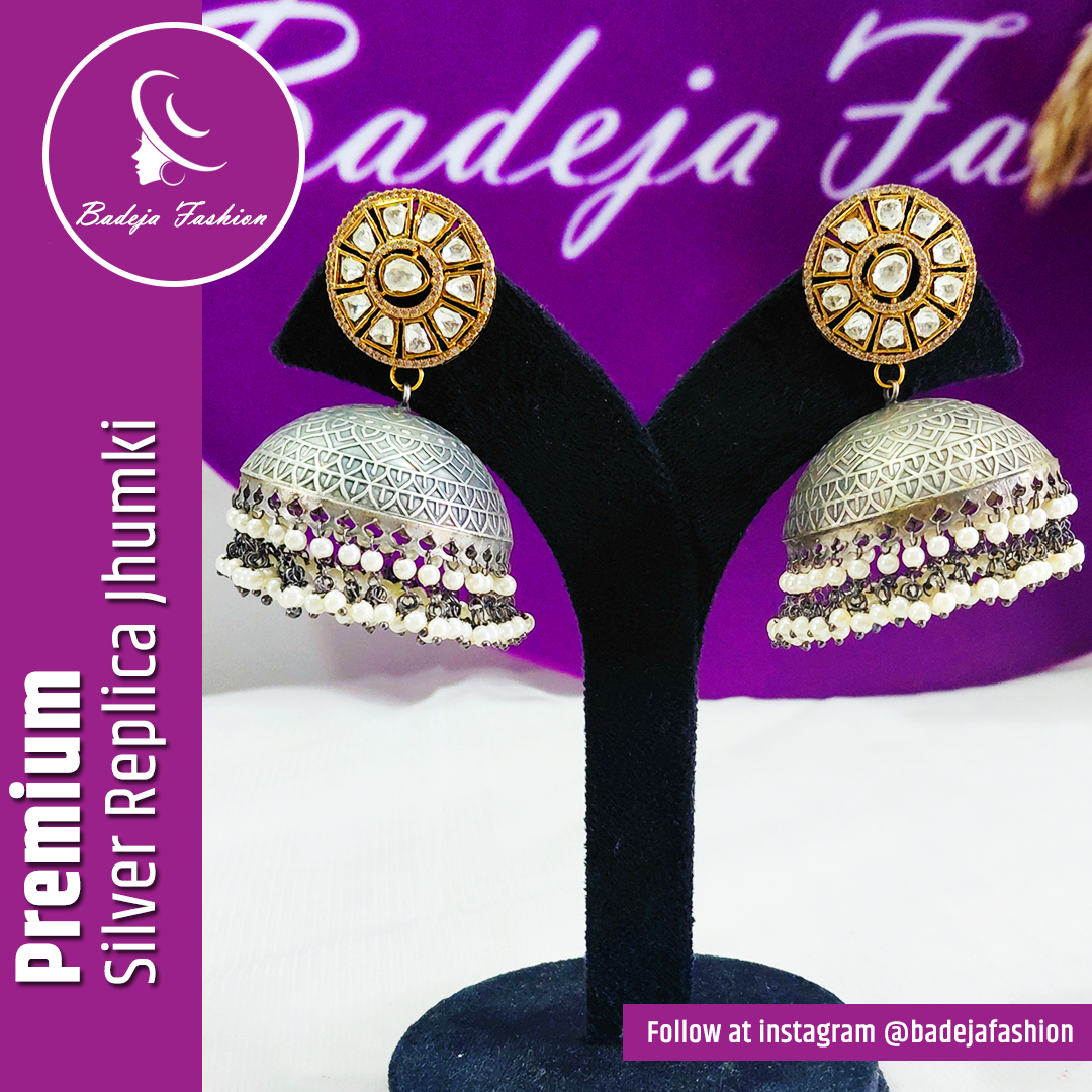 Badeja Fashion Premium Round Kundan Silver Replica Jhumki