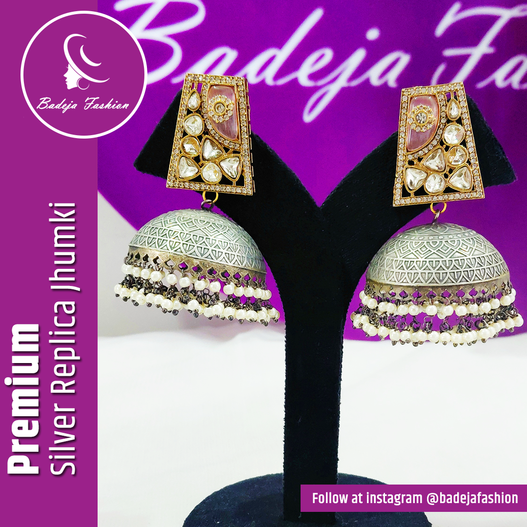 Badeja Fashion Premium Modern Style Kundan Silver Replica Jhumki