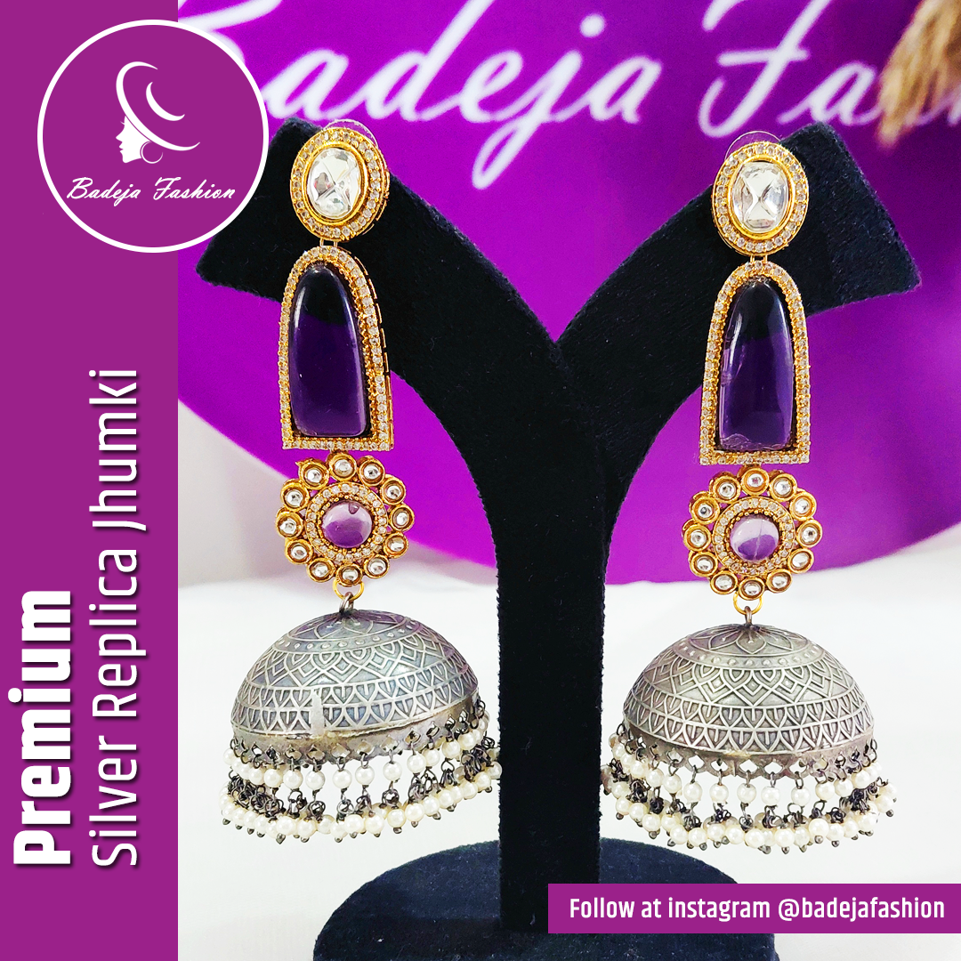 Badeja Fashion Premium Floral Purple Stone Silver Replica Jhumki