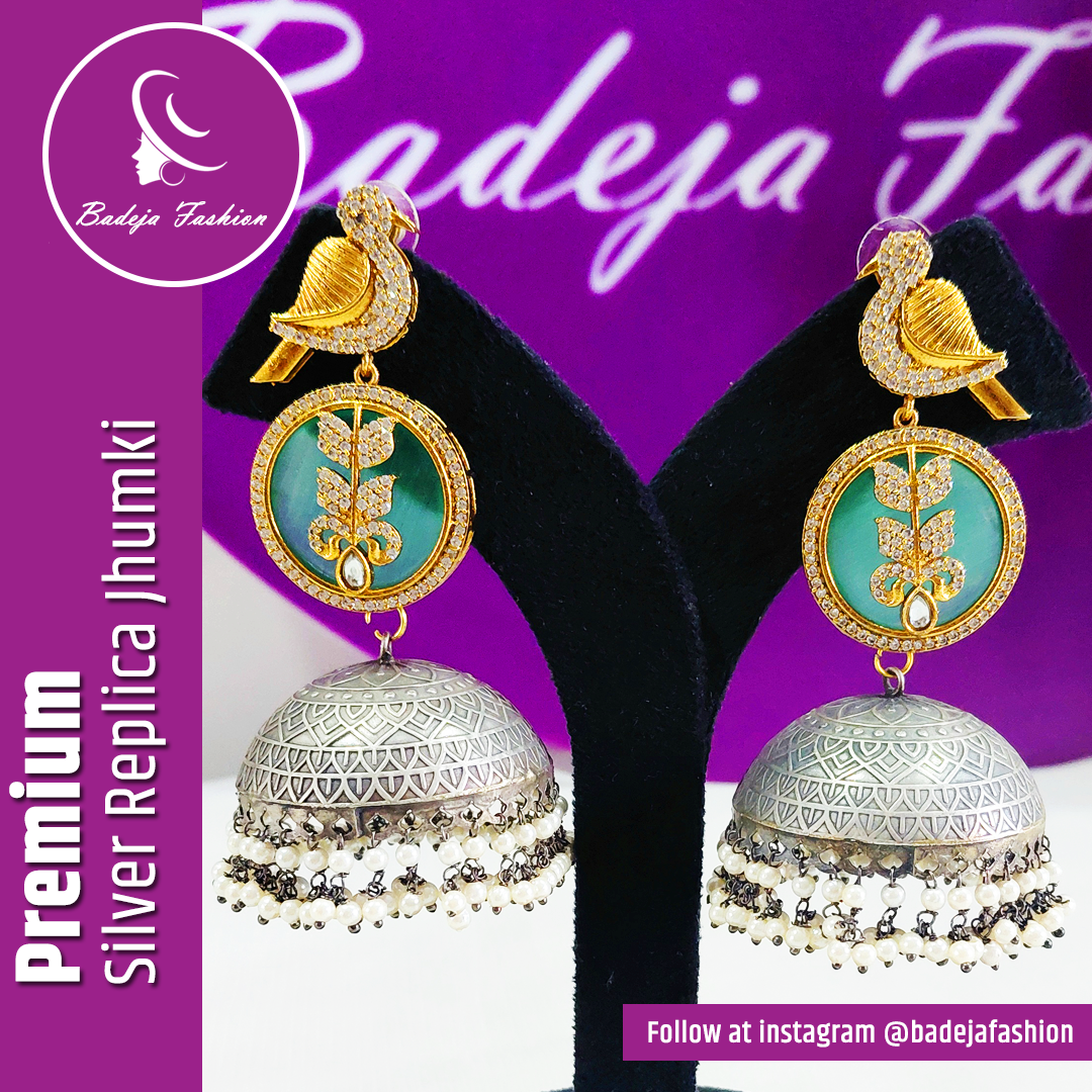 Badeja Fashion Premium AD Bird Style Silver Replica Jhumki