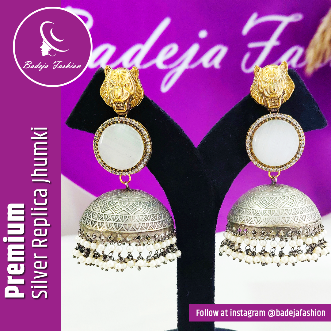 Badeja Fashion Premium Tiger Face White Stone Silver Replica Jhumki