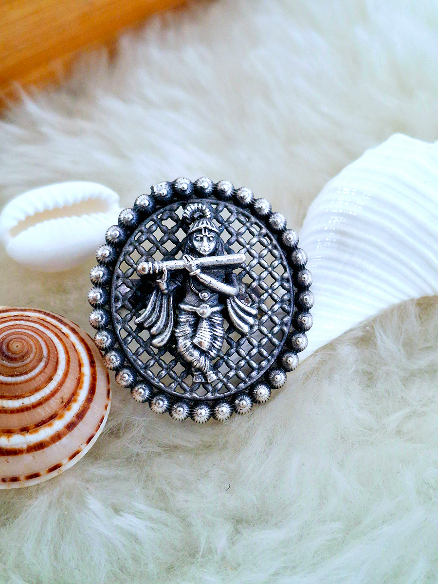 Krishna Flute Oxidised Round Ring