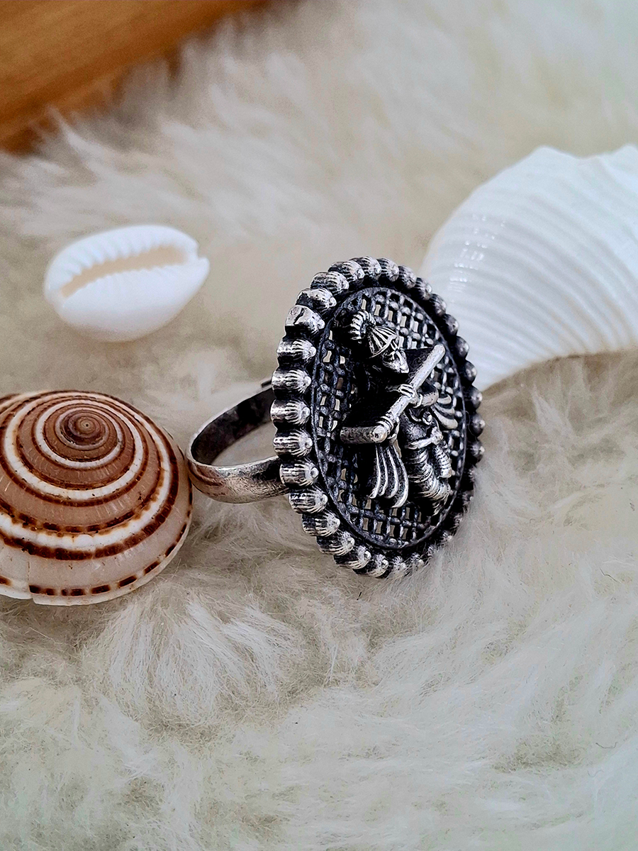 Krishna Flute Oxidised Round Ring