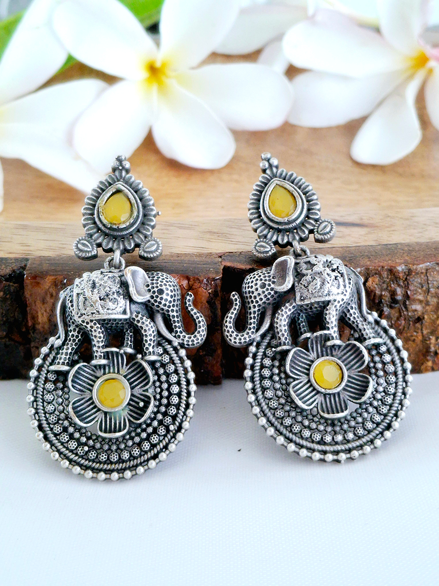 Antique Elephant Floral Oxidised Stone Earring
