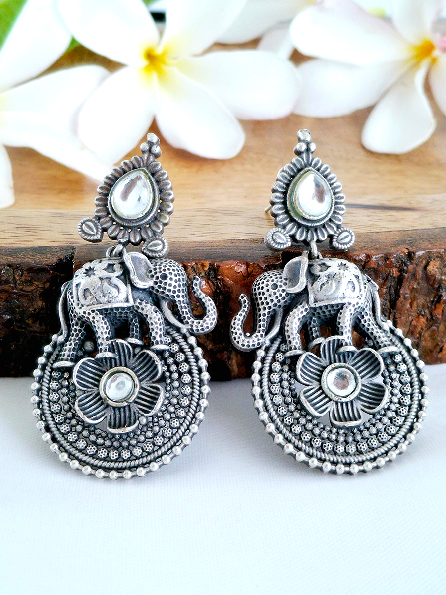 Antique Elephant Floral Oxidised Stone Earring