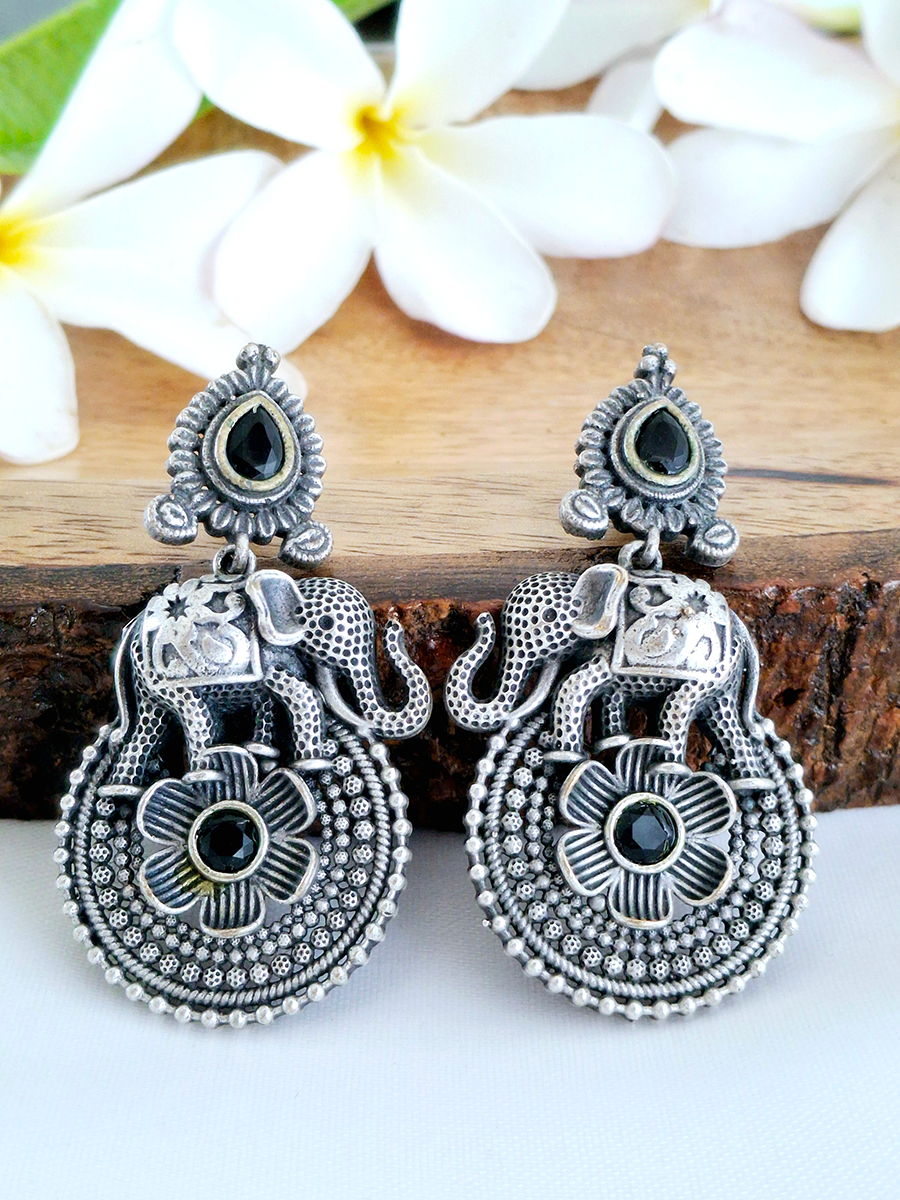 Antique Elephant Floral Oxidised Stone Earring