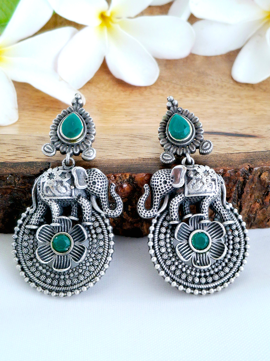 Antique Elephant Floral Oxidised Stone Earring