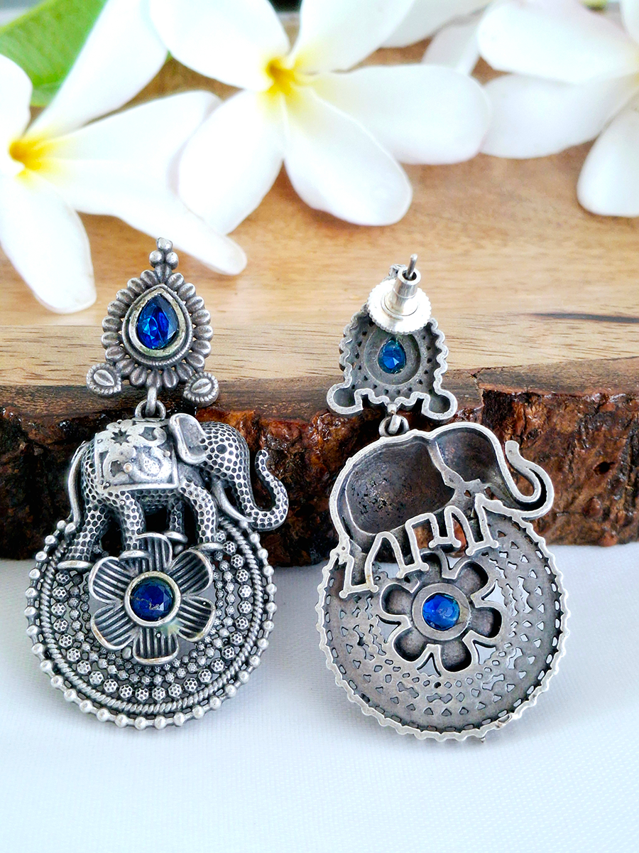 Antique Elephant Floral Oxidised Stone Earring