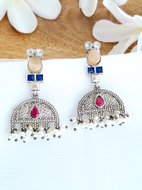 Antique Style Oxidised Kundan jhumki Earring with Pearl