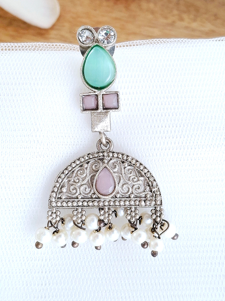 Antique Style Oxidised Kundan jhumki Earring with Pearl