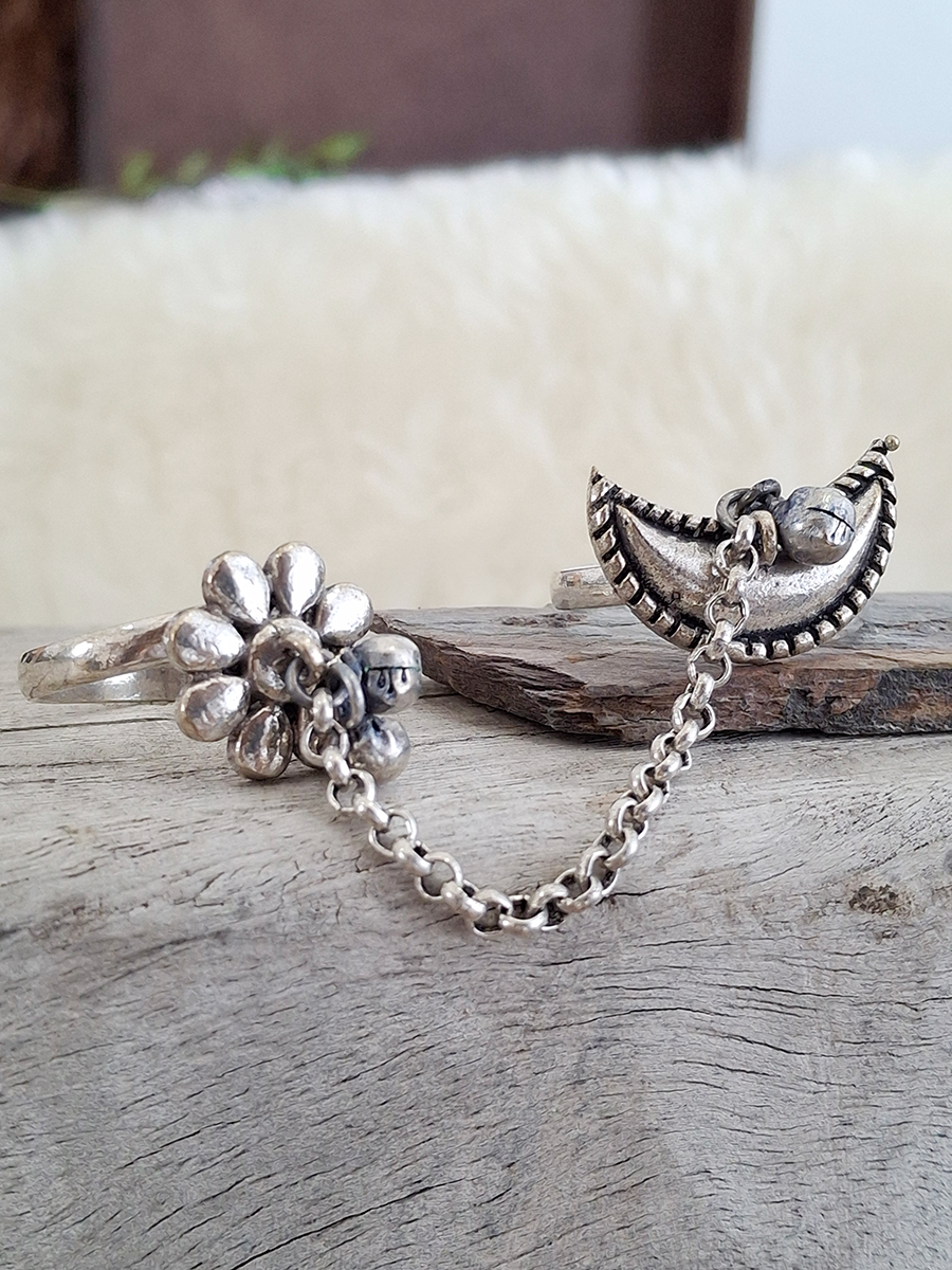 Chand Bali Oxidised Silver Dual Ring
