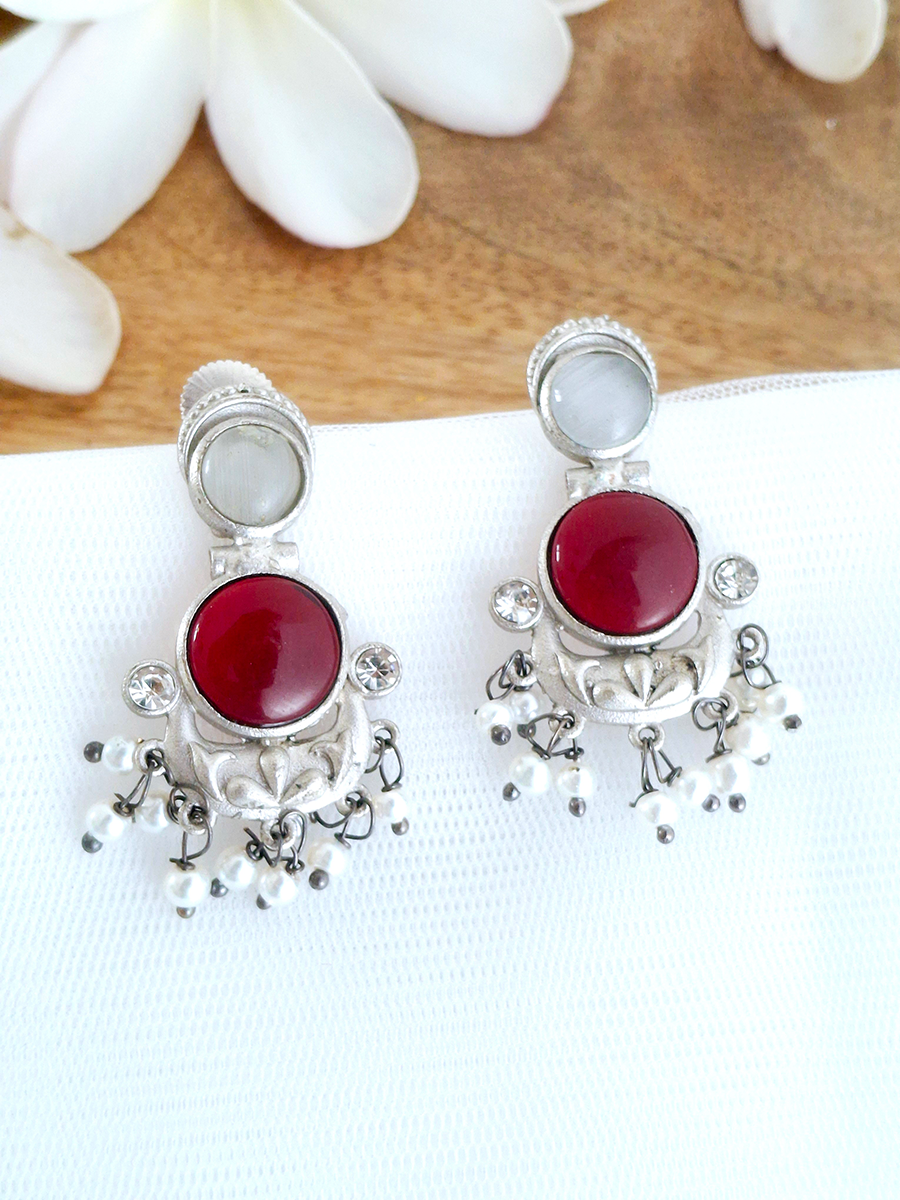 Dual Stone Oxidised Hanging Pearl Earring