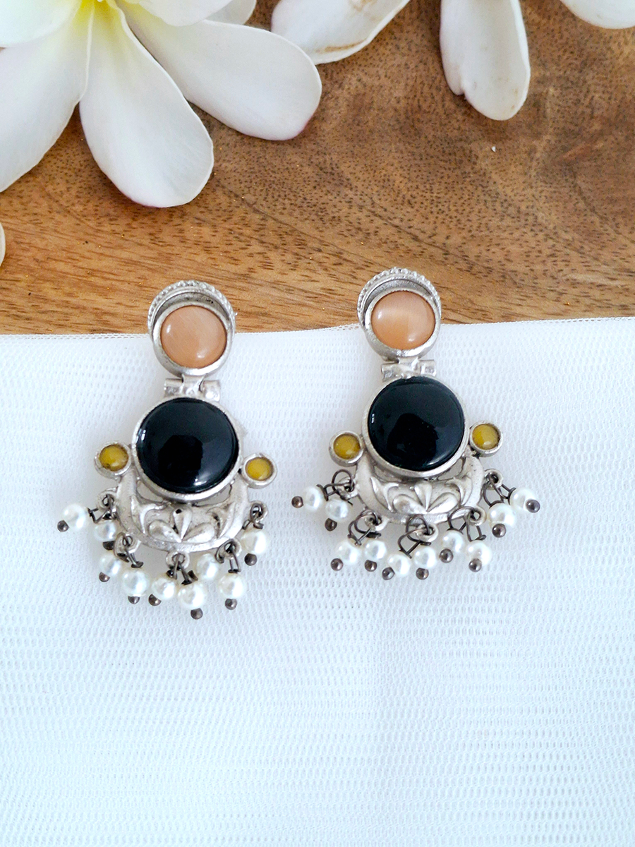 Dual Stone Oxidised Hanging Pearl Earring