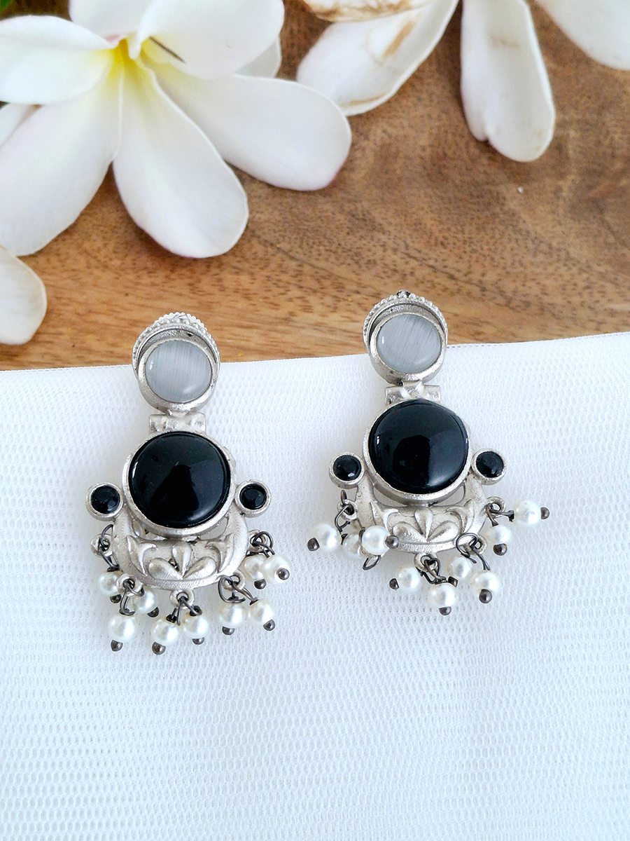 Dual Stone Oxidised Hanging Pearl Earring
