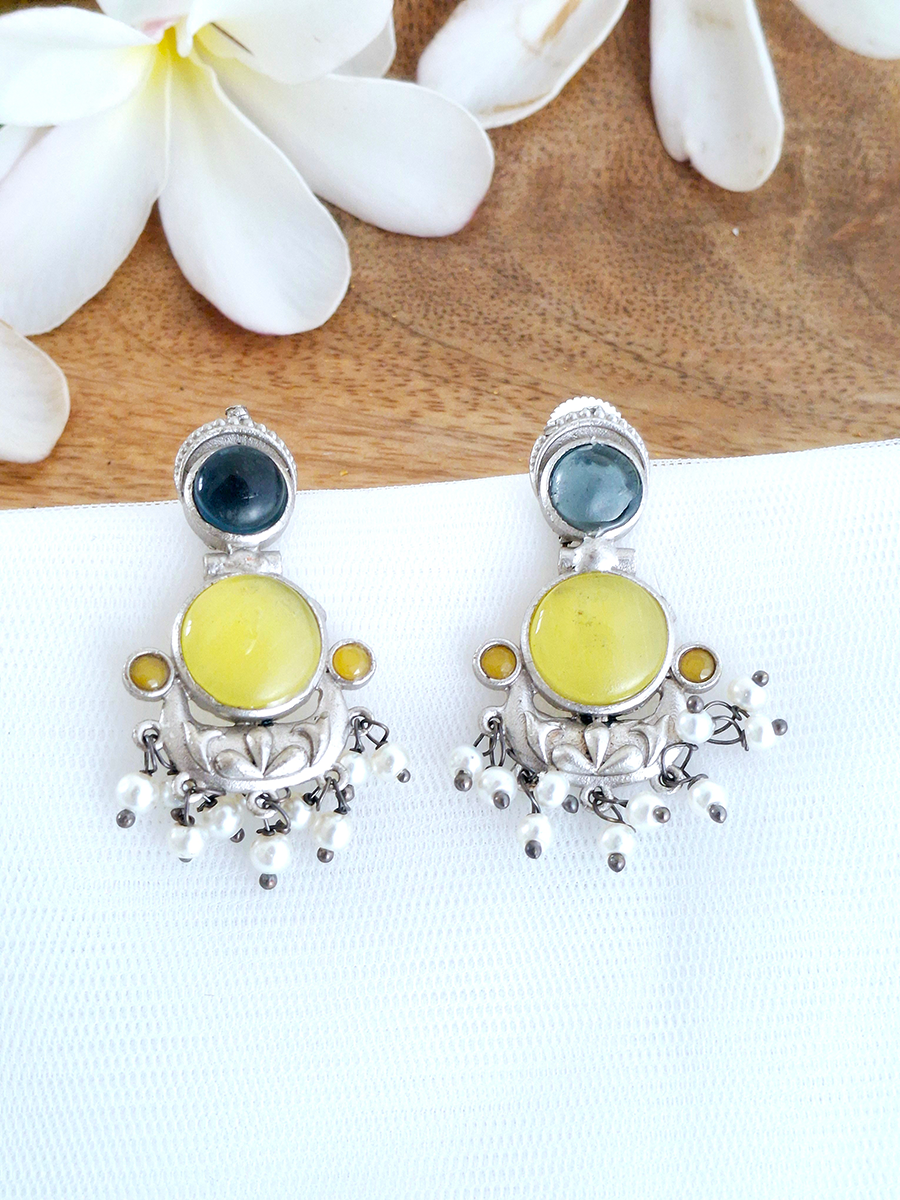 Dual Stone Oxidised Hanging Pearl Earring