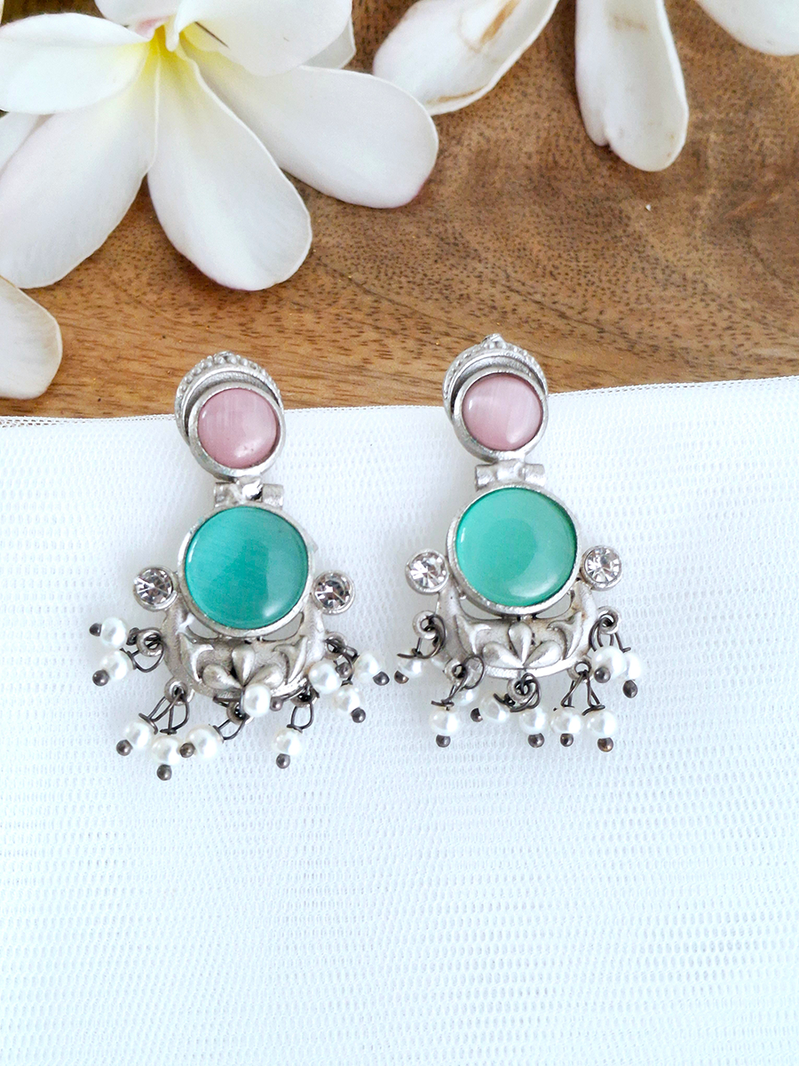 Dual Stone Oxidised Hanging Pearl Earring