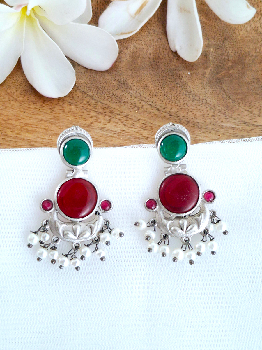 Dual Stone Oxidised Hanging Pearl Earring