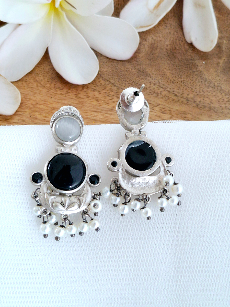 Dual Stone Oxidised Hanging Pearl Earring