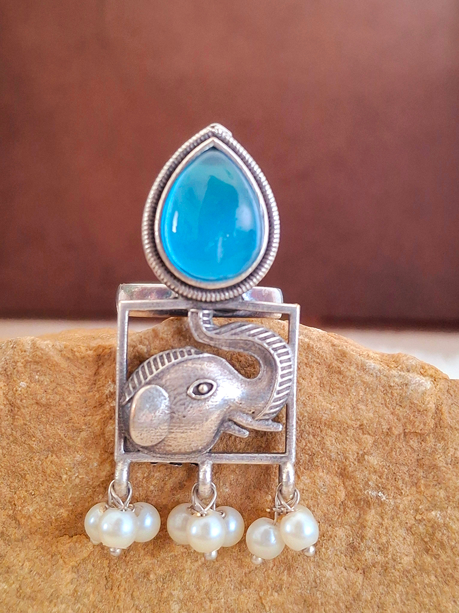 Elephant Face Monalisa Stone Oxidised Ring