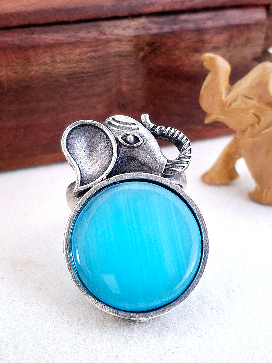 Elephant Face Oxidised Stone Ring