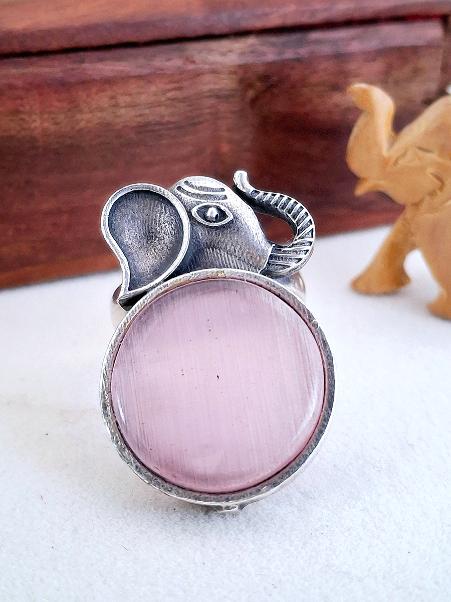 Elephant Face Oxidised Stone Ring