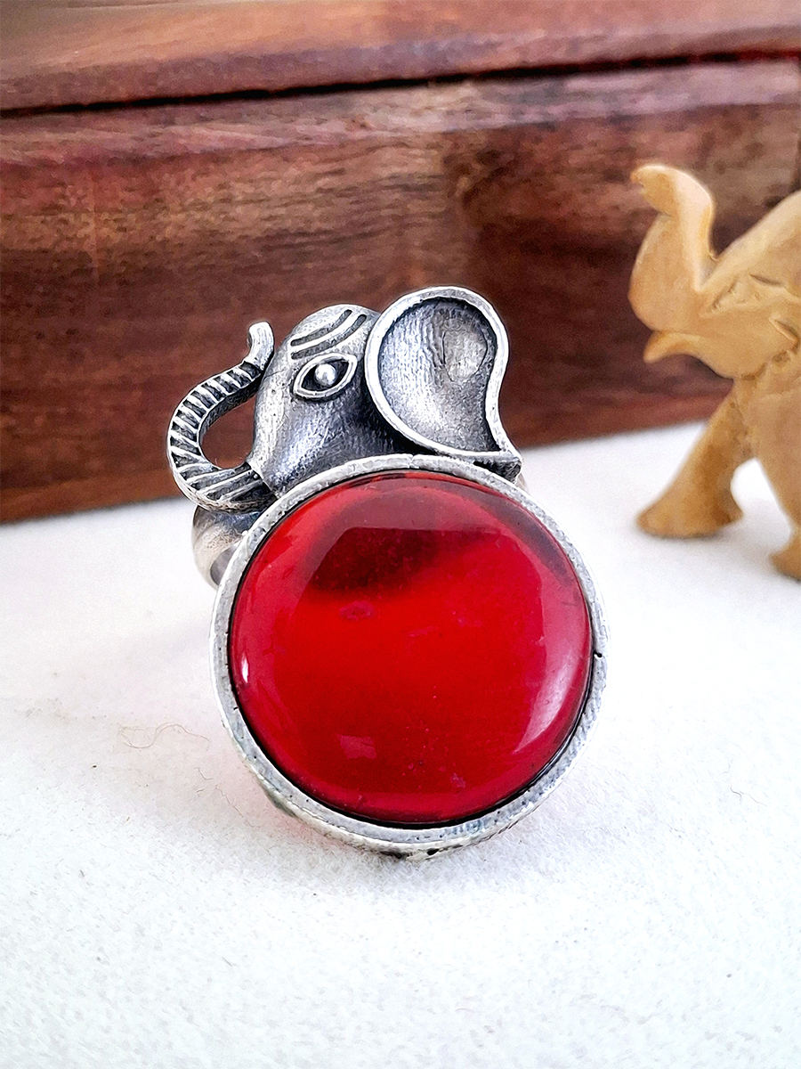 Elephant Face Oxidised Stone Ring