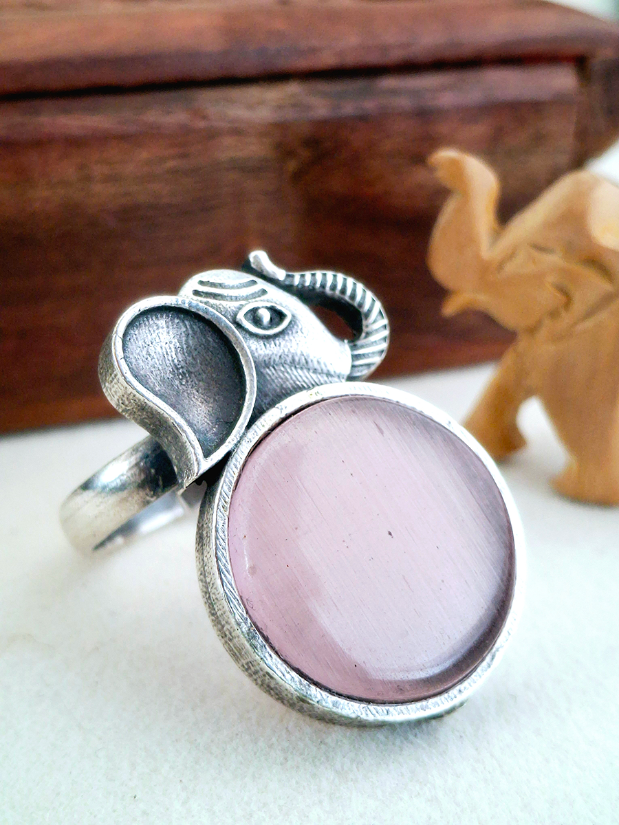 Elephant Face Oxidised Stone Ring