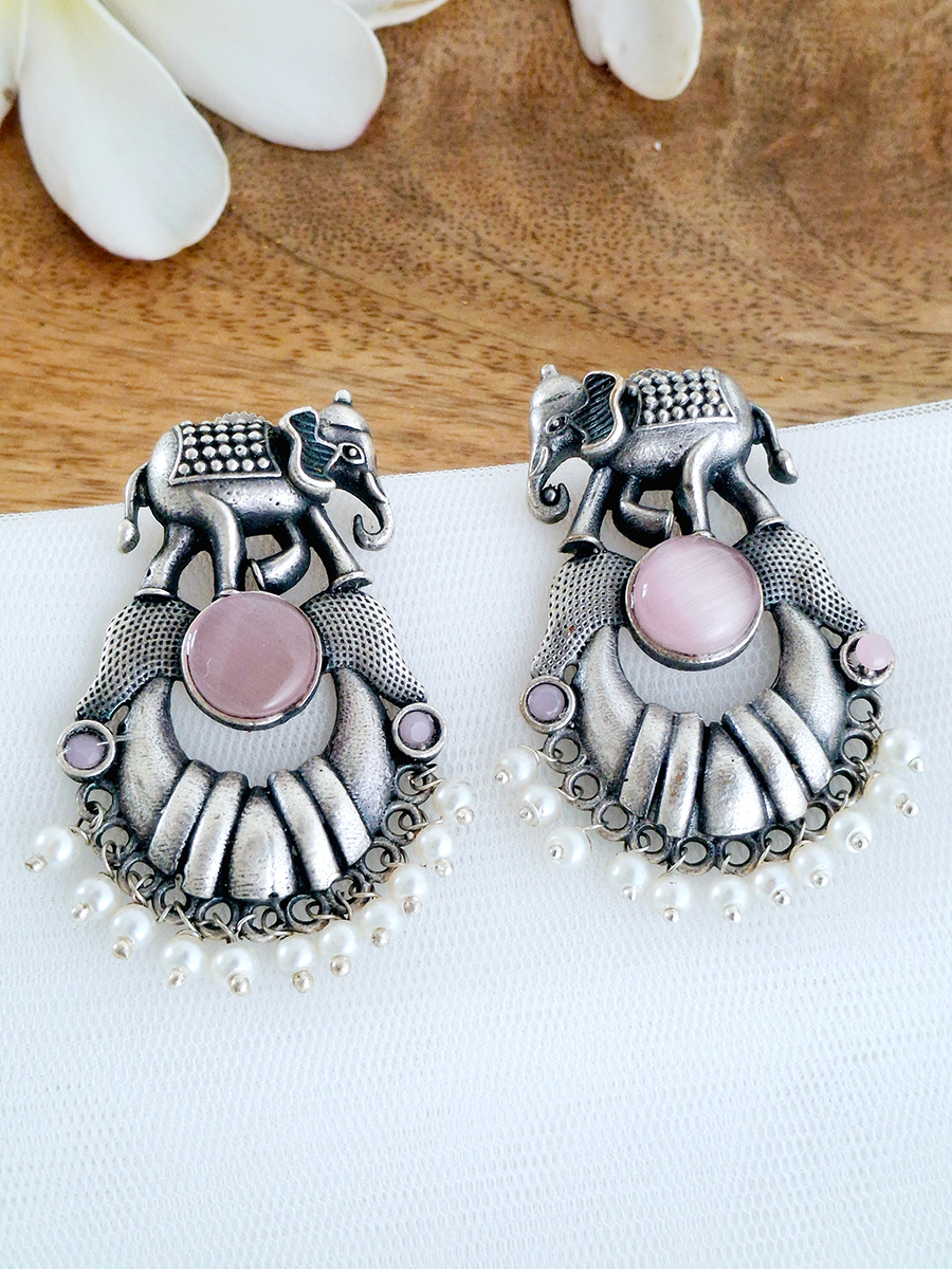 Elephant Hanging Oxidised Stone with Pearl Earring