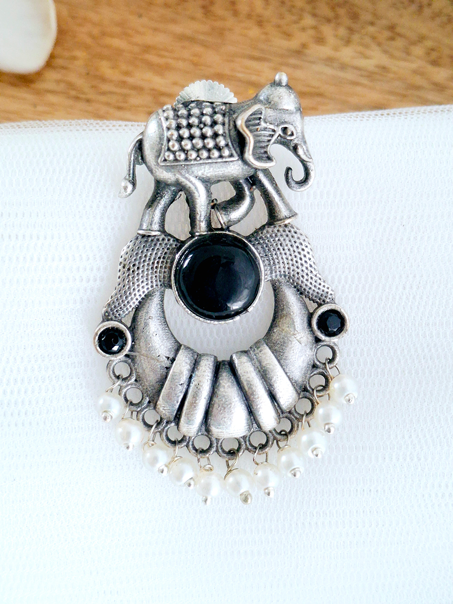 Elephant Hanging Oxidised Stone with Pearl Earring