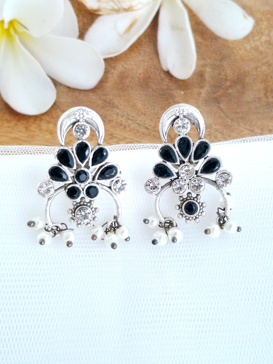 Floral Oxidised Stone Earring with Pearl