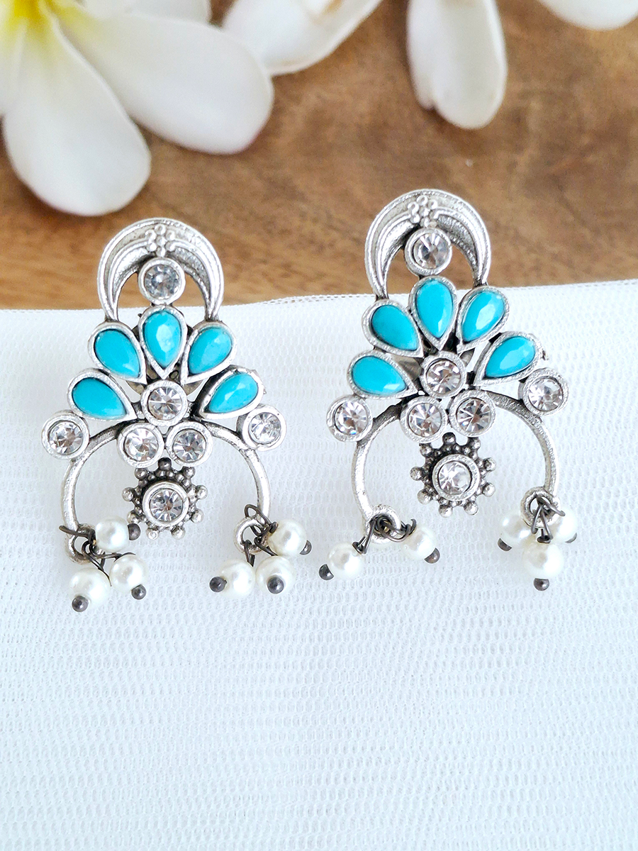 Floral Oxidised Stone Earring with Pearl