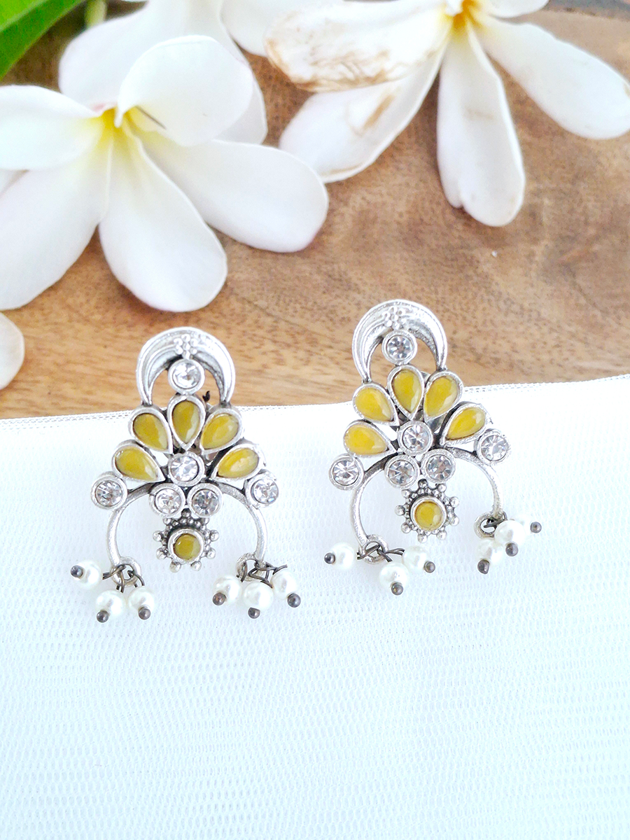 Floral Oxidised Stone Earring with Pearl
