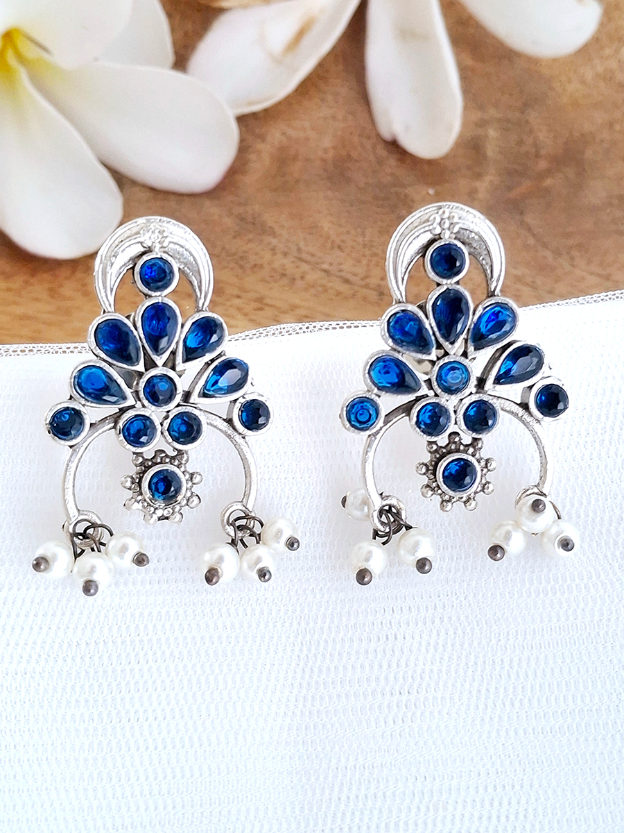 Floral Oxidised Stone Earring with Pearl