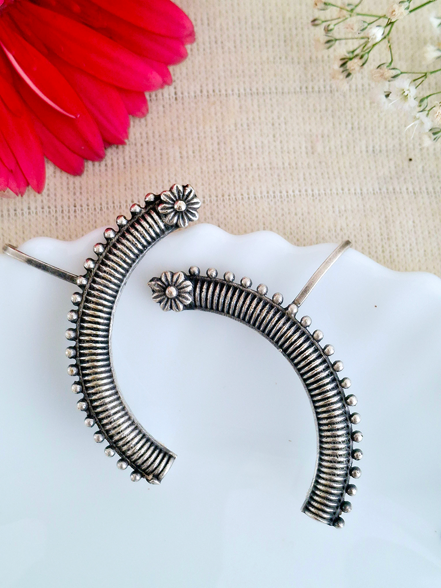 Oxidised Flower Curved Ear Cuff