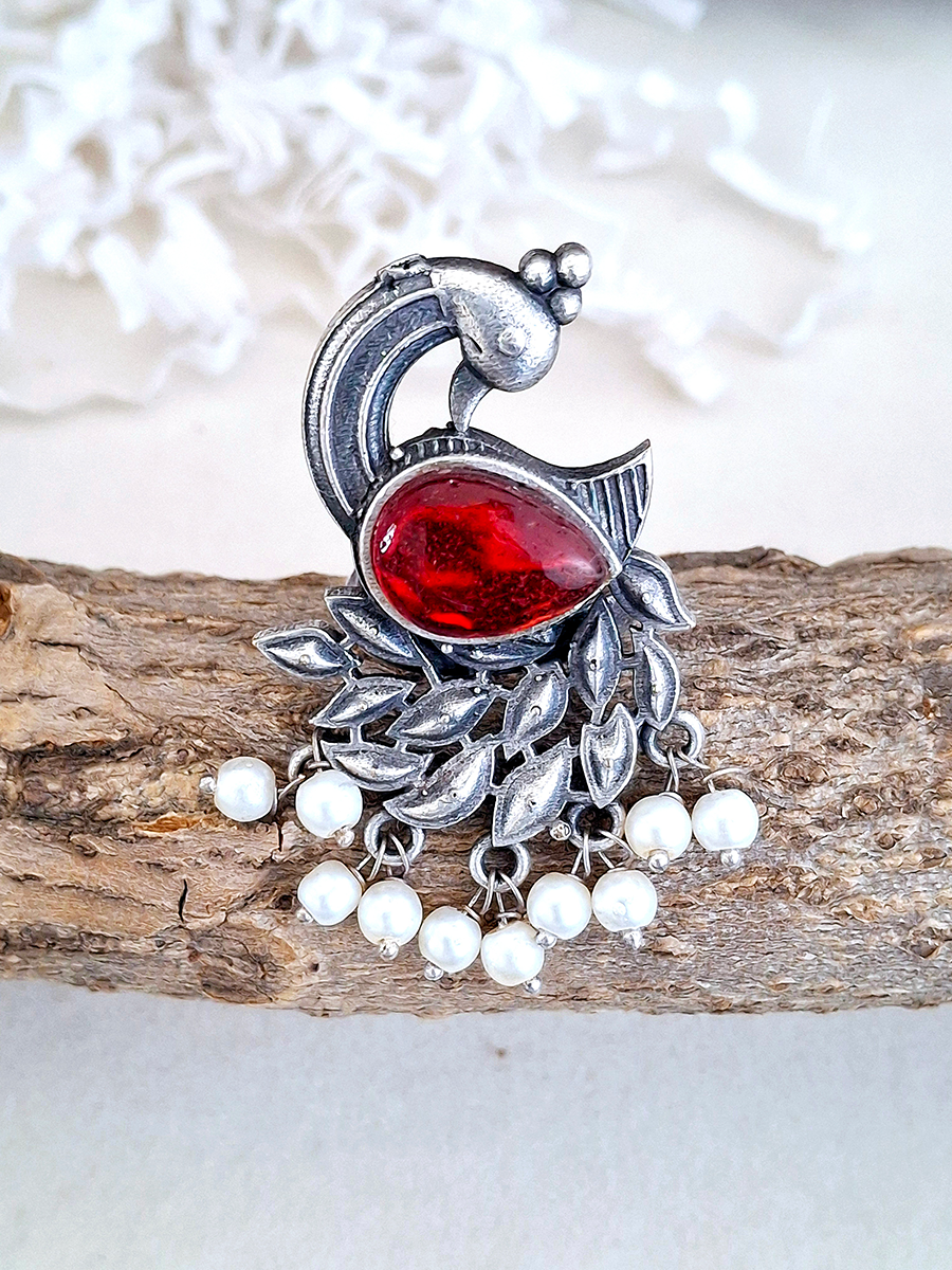 Peacock Monalisa Stone Oxidised Silver Ring