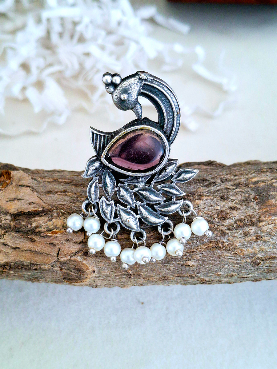 Peacock Monalisa Stone Oxidised Silver Ring