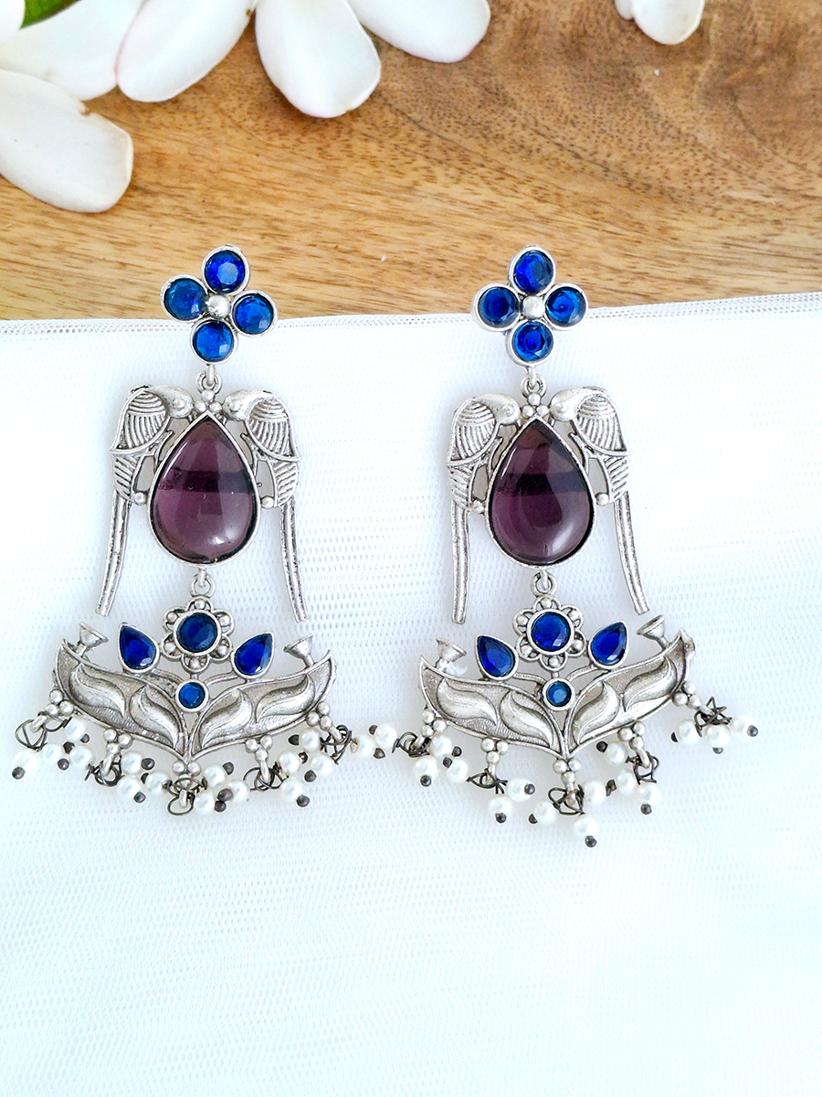 Elegant Parrot Style Long Oxidised Earring with Stones and Pearls
