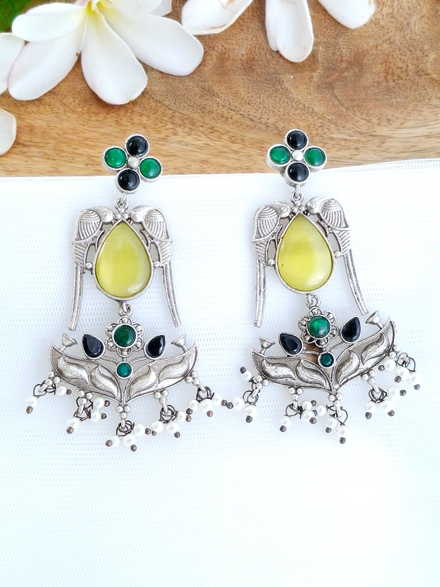 Elegant Parrot Style Long Oxidised Earring with Stones and Pearls