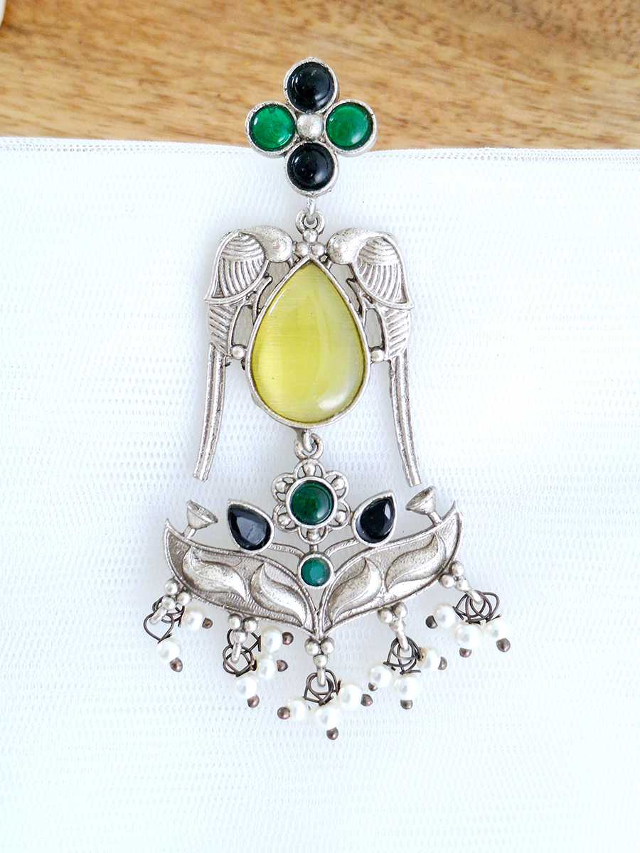 Elegant Parrot Style Long Oxidised Earring with Stones and Pearls