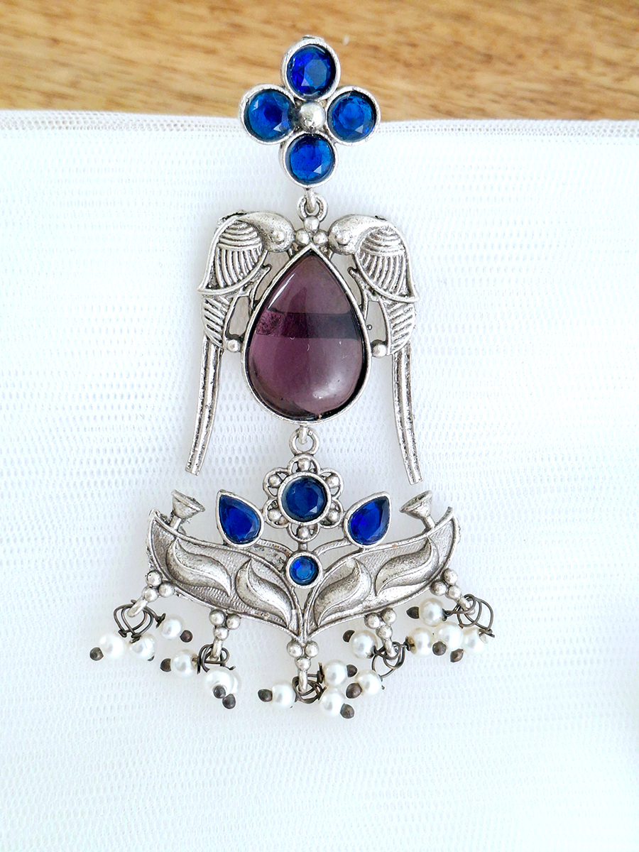 Elegant Parrot Style Long Oxidised Earring with Stones and Pearls
