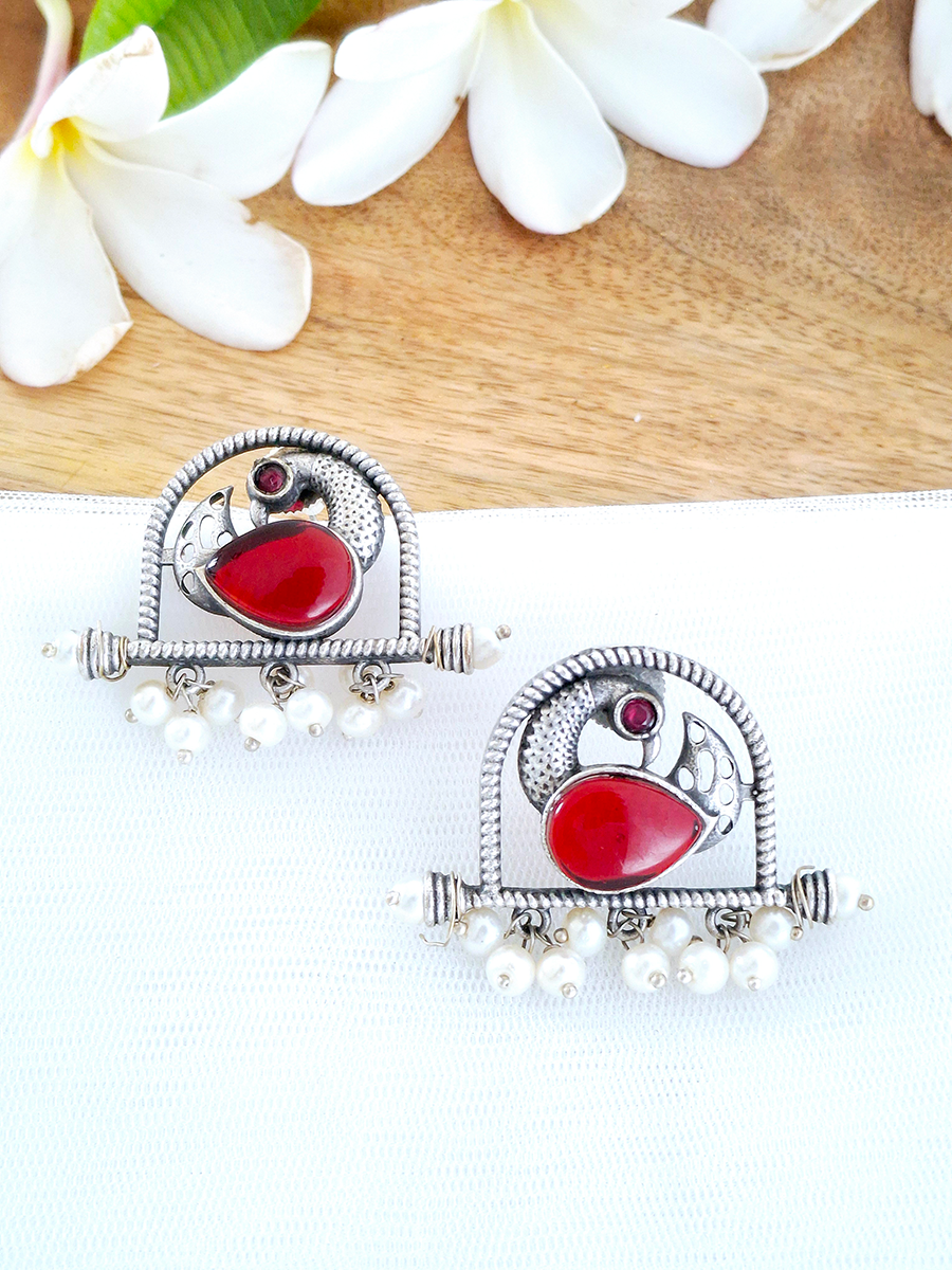 Peacock Ethnic Oxidised Big Stone Earring
