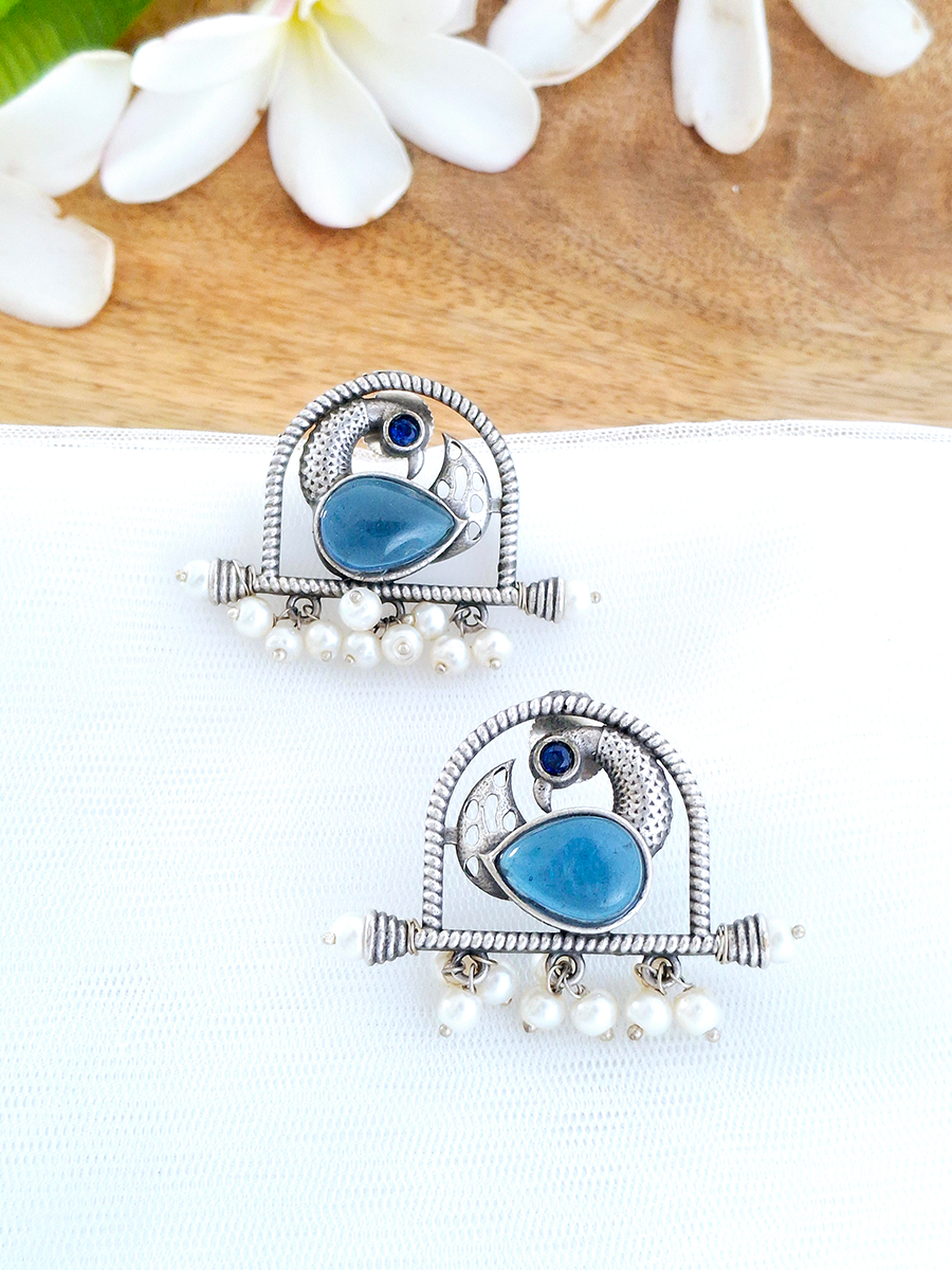 Peacock Ethnic Oxidised Big Stone Earring