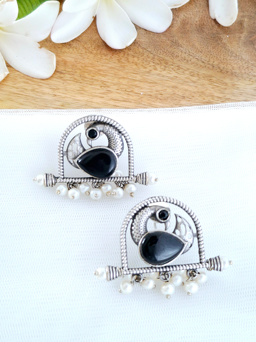 Peacock Ethnic Oxidised Big Stone Earring