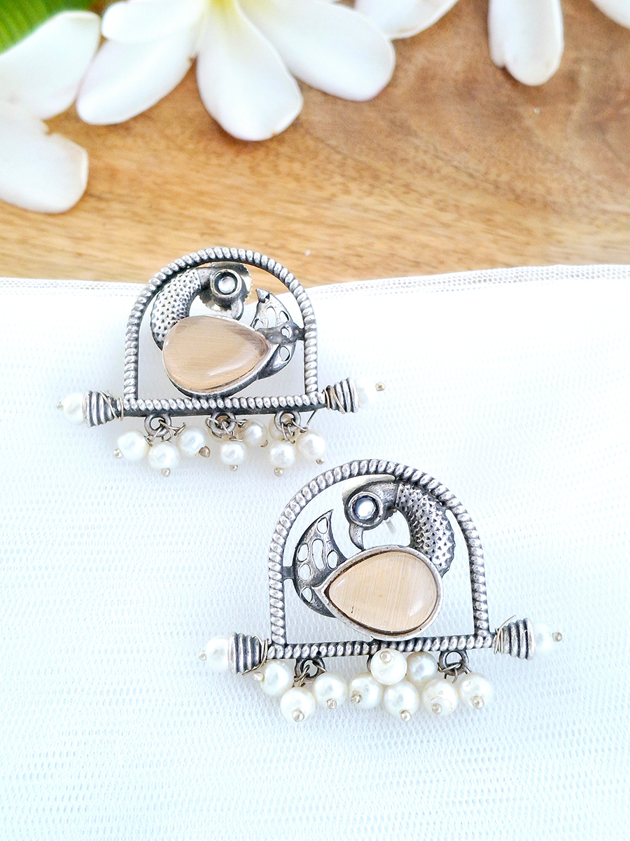Peacock Ethnic Oxidised Big Stone Earring