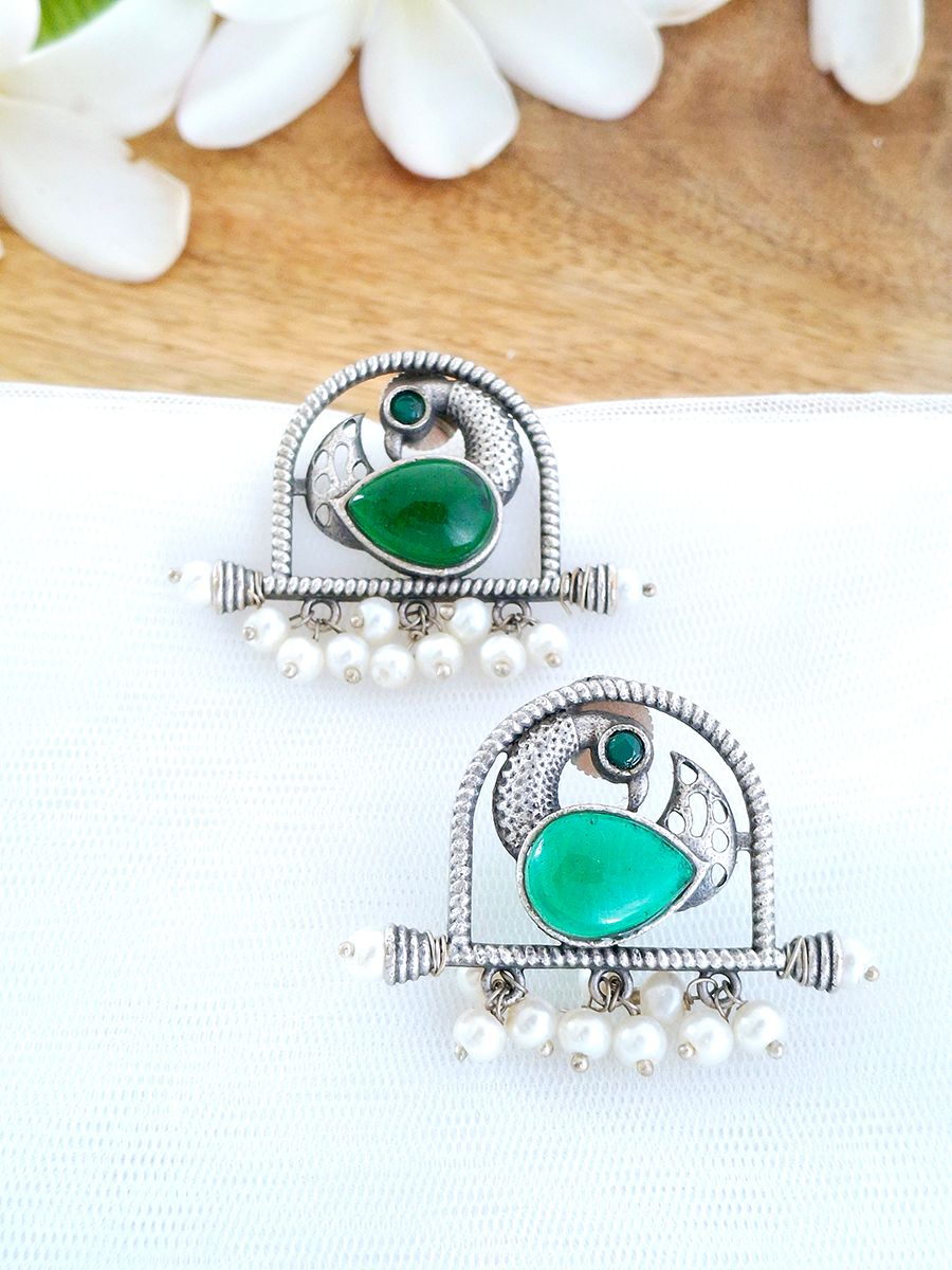 Peacock Ethnic Oxidised Big Stone Earring