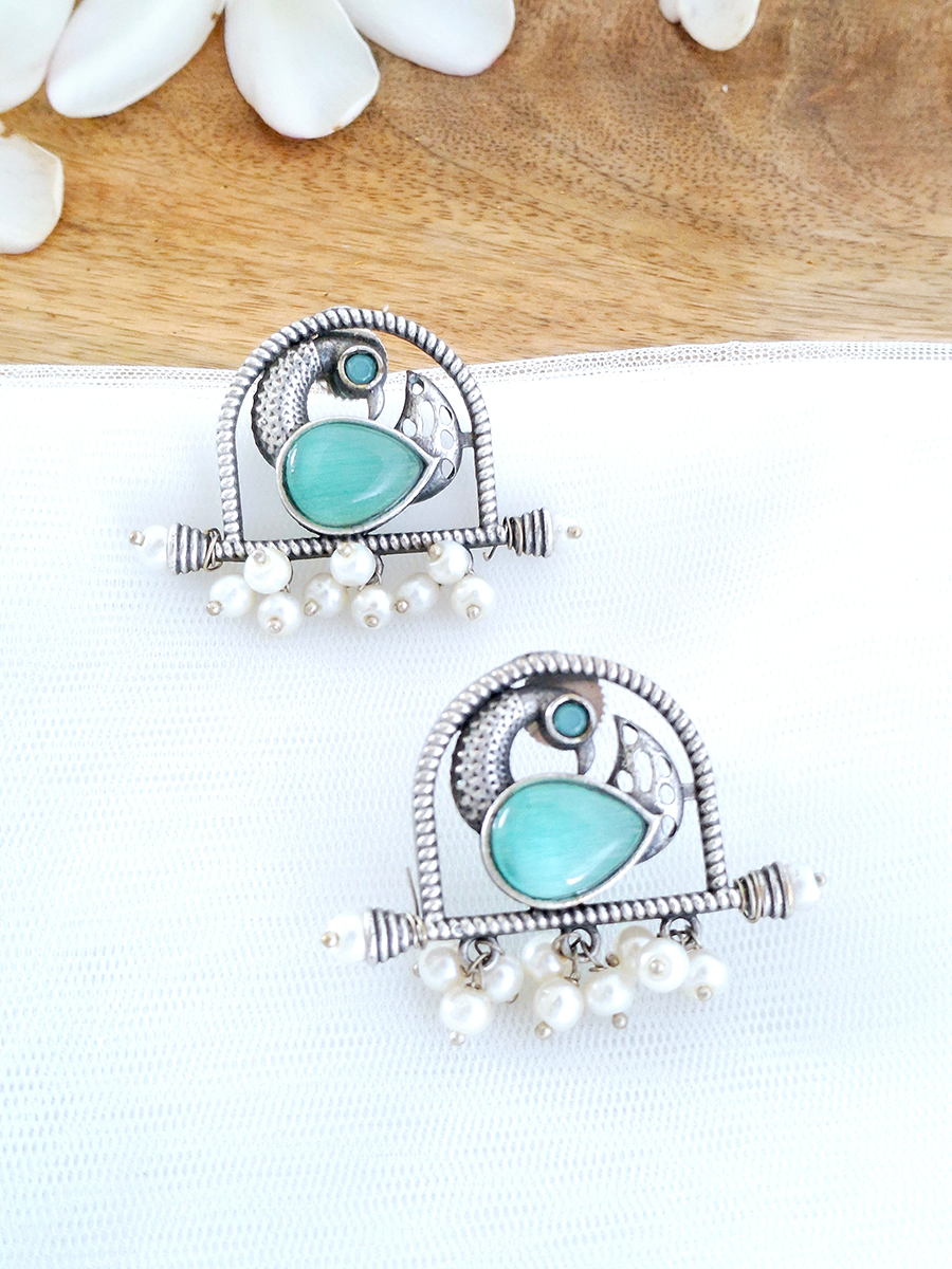 Peacock Ethnic Oxidised Big Stone Earring