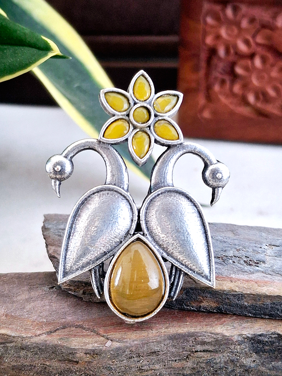 Peacock Flower Stone Oxidised Ring