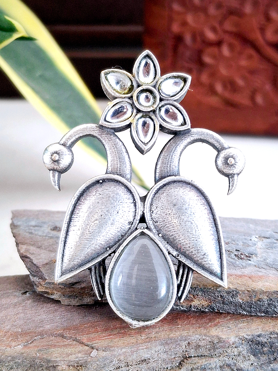 Peacock Flower Stone Oxidised Ring
