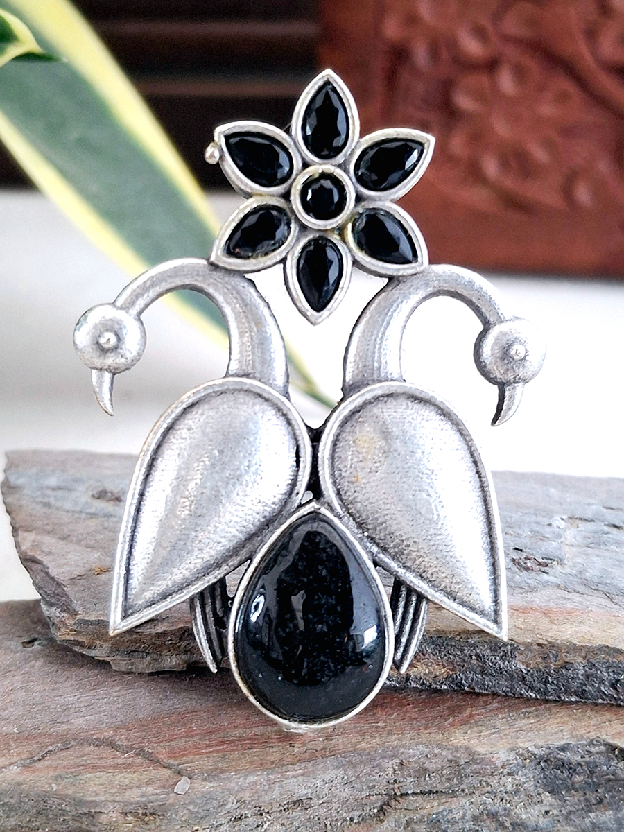 Peacock Flower Stone Oxidised Ring